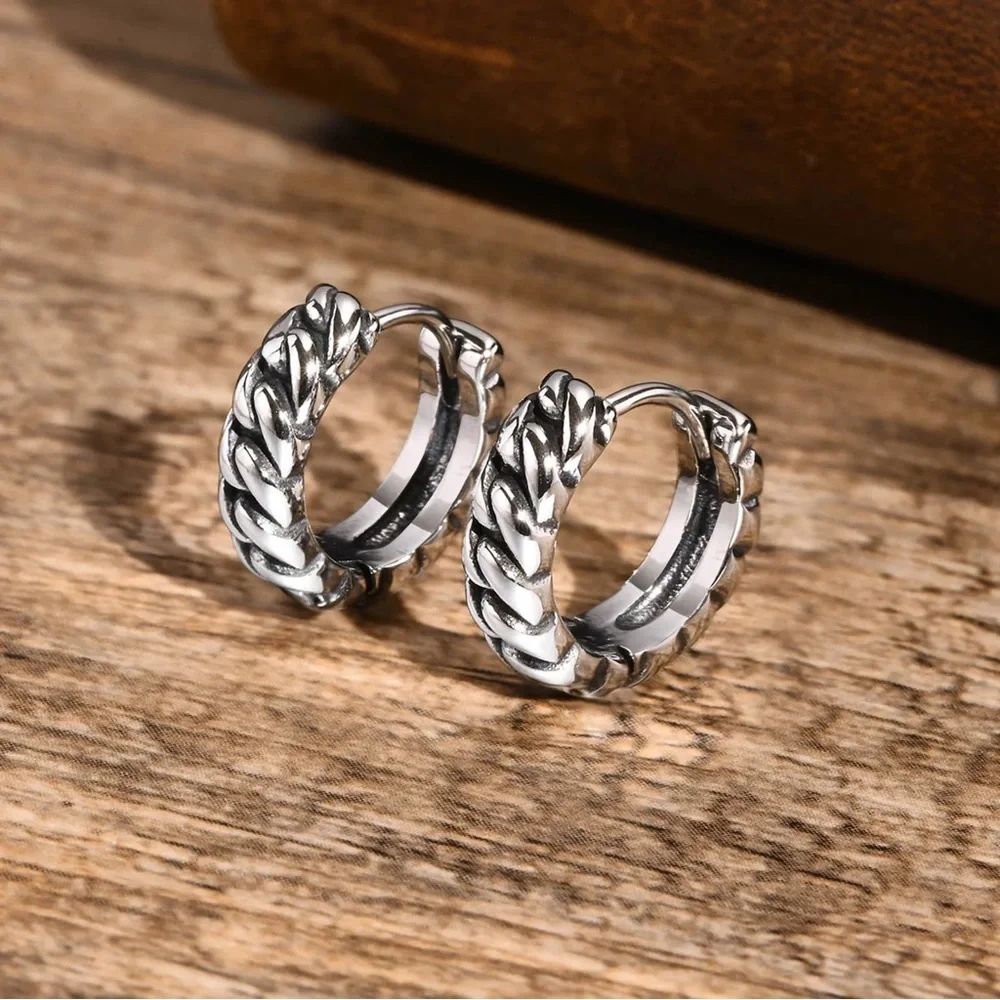 Cool Twisted Chain Hoop Earrings for Men, Waterproof Stainless Steel Huggies